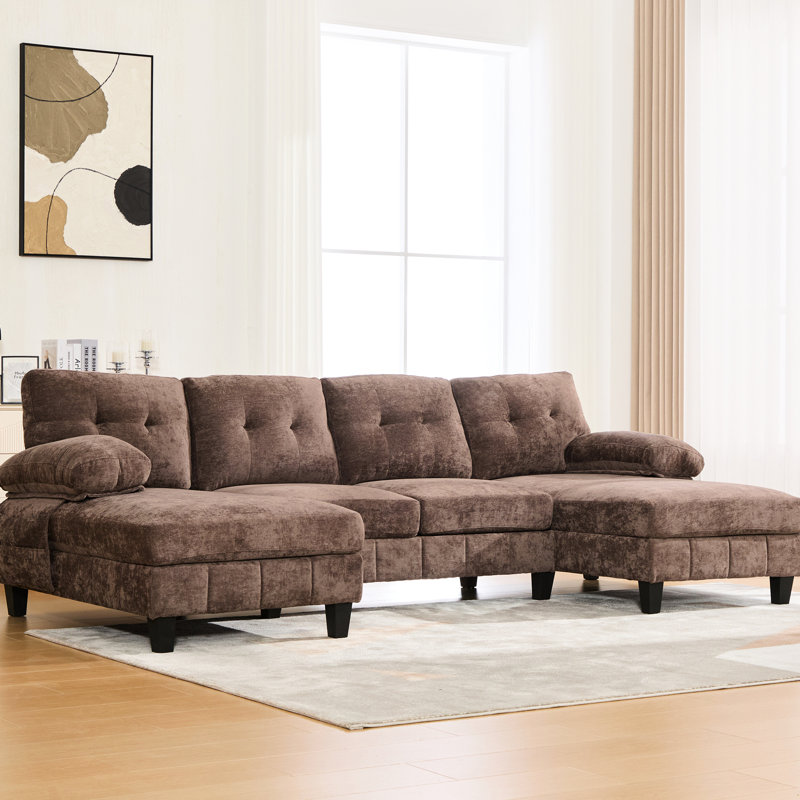 Chenille brune en forme de U avec deux chaises longues, des poches de rangement et des coussins pour les accoudoirs pour une atmosphère confortable. Tissu en chenille de 103,5 po avec coussins