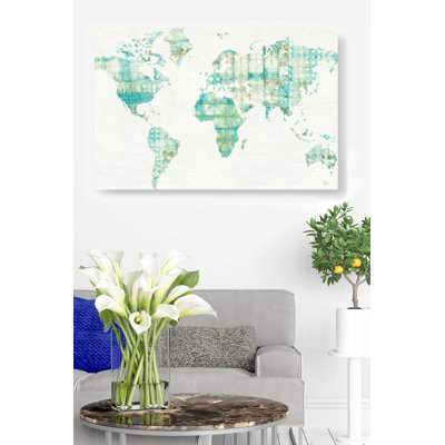 map Kanari Map, Shibori, Watercolor, Teal, Green, Blue, Cream, White, World Map, Continents