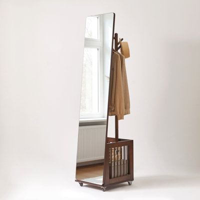 Solid Wood Rolling Coat Rack with Storage Basket, Freestanding Multi-Hook Garment Stand with Wheels, Mobile Wooden Clothes Organizer for Entryway Bedr