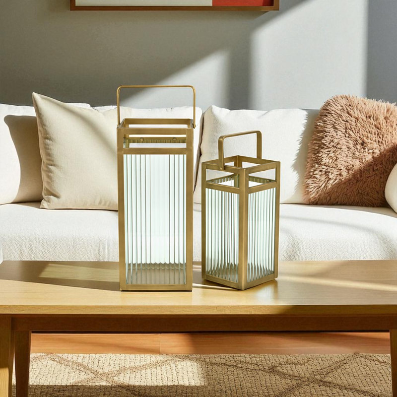 Drusilla Set Of 2 Indoor Fluted Glass Lanterns - 16" And 12.25", Gold