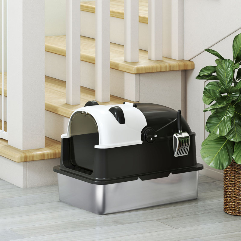 Litière pour chat XL en acier inoxydable avec couvercle de style panda avec pelle