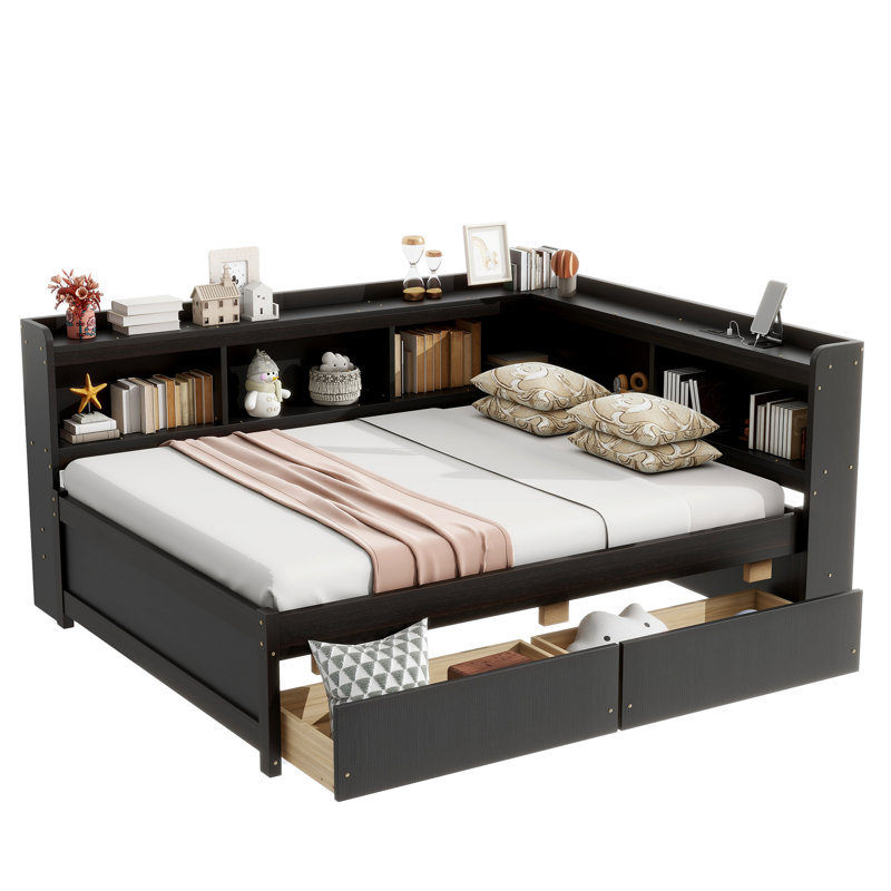 Lit double en forme de L avec bibliothèques, prises de courant USB, deux tiroirs, espresso, Lit double, Espresso
