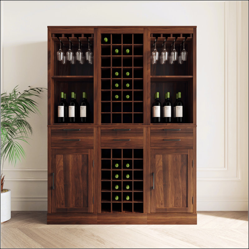 Brown Walnut Modular Wine Bar And Buffet Cabinet With Spacious Storage For Dining And Living Rooms