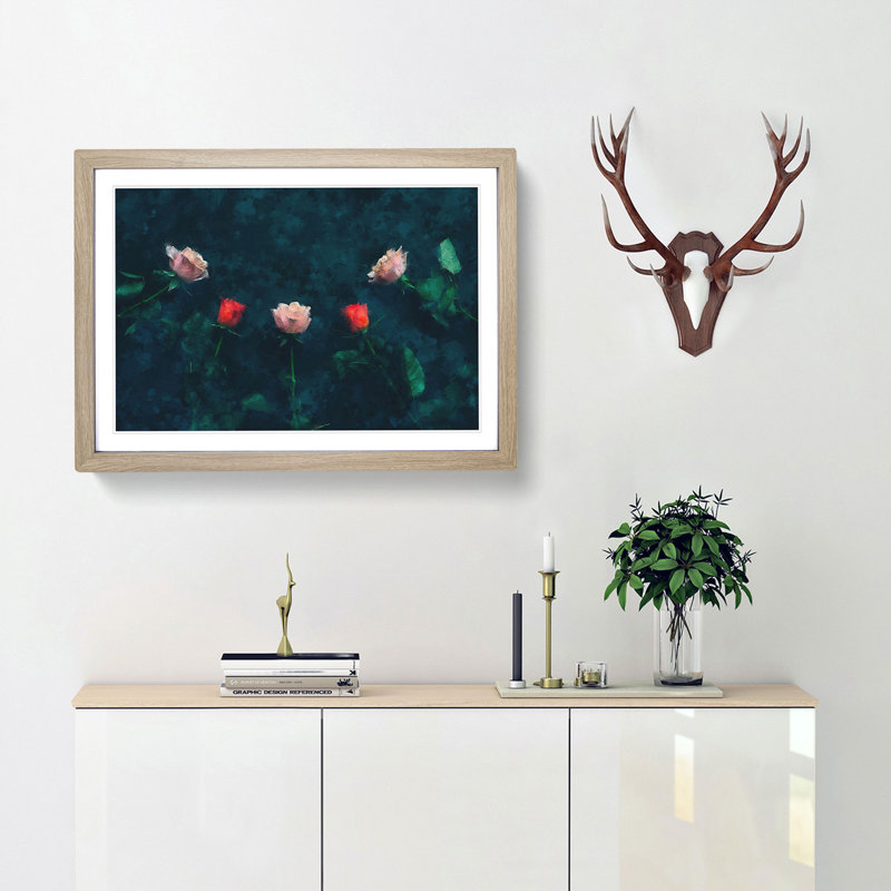 Laying with Pink and Red Roses - Picture Frame Painting Print, Oak Framed, 62cm H x 87cm W x 2cm D
