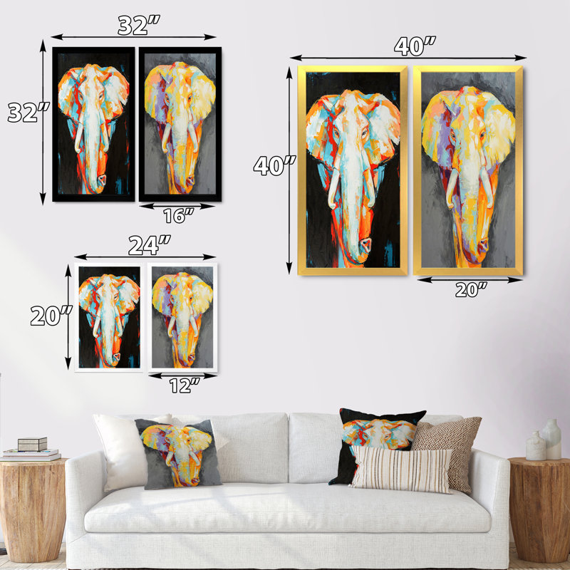«Paint Dessin of Elephant Portrait», ensemble de 2 peintures sur toiles, H 40 po x l 40 po x P 1 po, Cadre photo doré