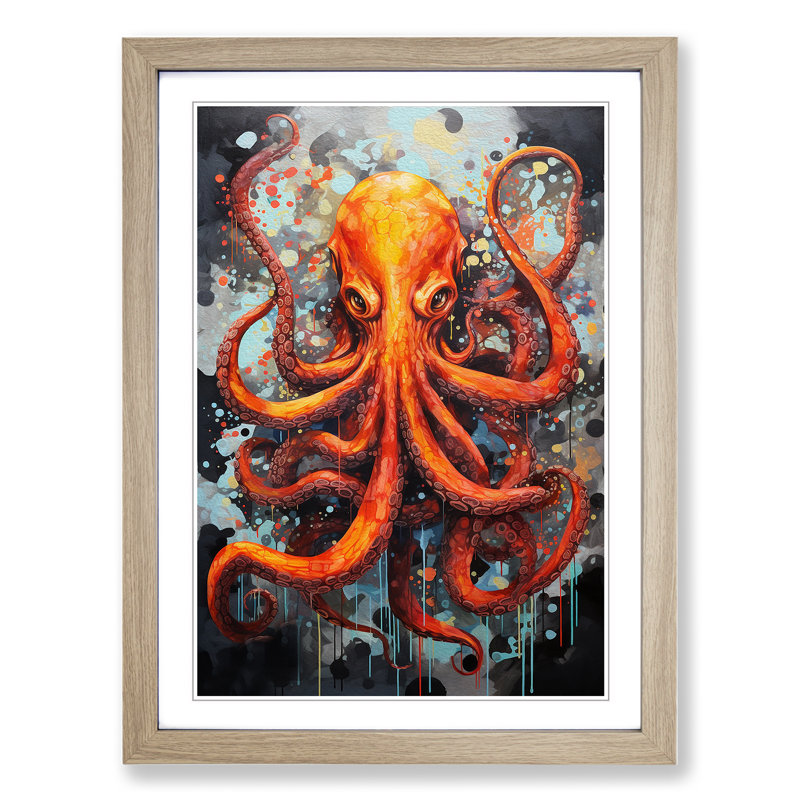 Octopus Modern - Single Picture Frame Print on Wood, 34cm H x 25cm W x 2cm D, Oak 