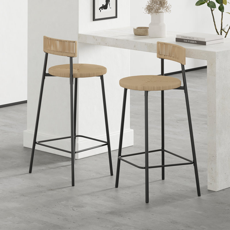 Woven Bar Stools with Back Set of 2, Beige