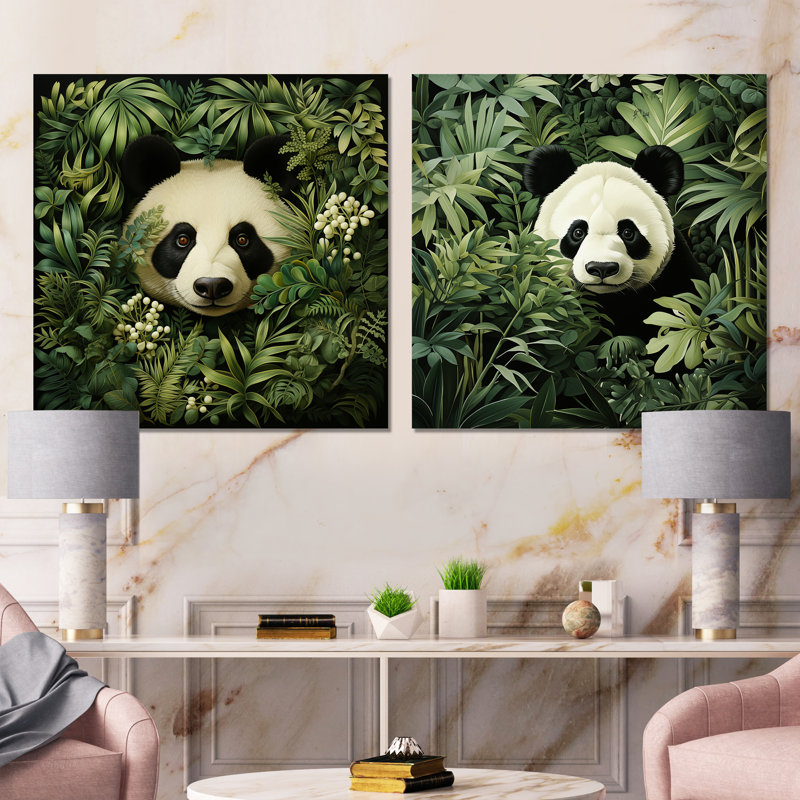 Ensemble de 2 décorations murales en bambou Hideaway Panda, Toile tendue, H 16 po x l 33 po x P 1 po
