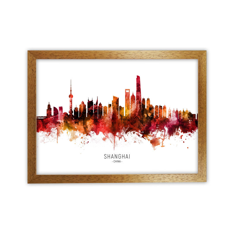 Shanghai China Skyline Red City Name by Michael Tompsett - Print, 25cm H x 34cm W x 3cm D, Oak Framed