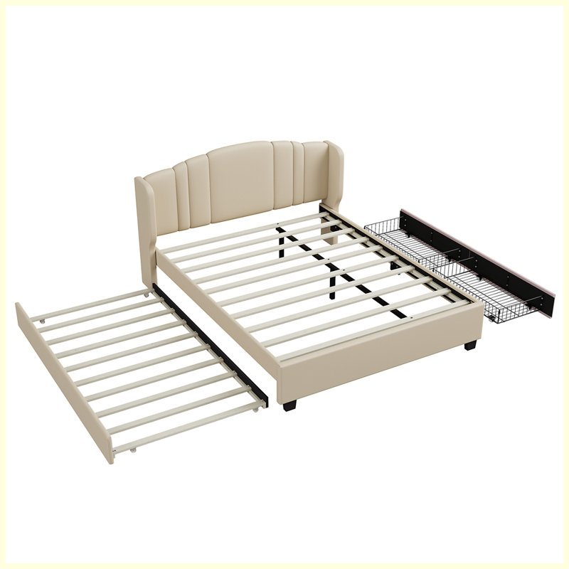 Lit plateforme tapissier avec tête de lit à oreilles, un lit gigogne simple et 2 tiroirs, aucun sommier nécessaire, tissu en lin, grand