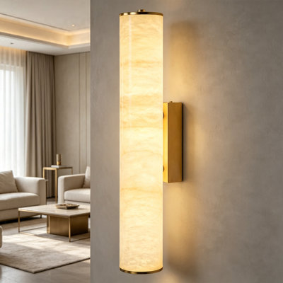 19.7" Modern Cylindrical LED Alabaster Wall Sconce, Dimmable Integrated Light with Brass Metal Backplate