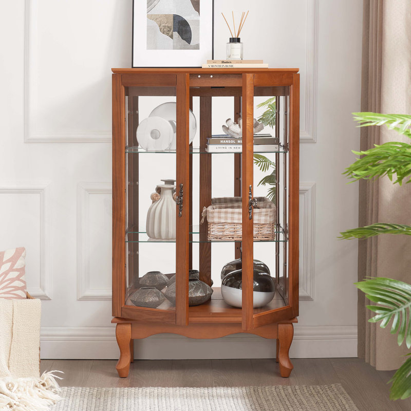 Armoire vitrée 2 portes avec portes en verre trempé, armoires vitrées avec panneau arrière en miroir et tablettes réglables, vitrine lumineuse pour la maison, ampoule de bureau incluse