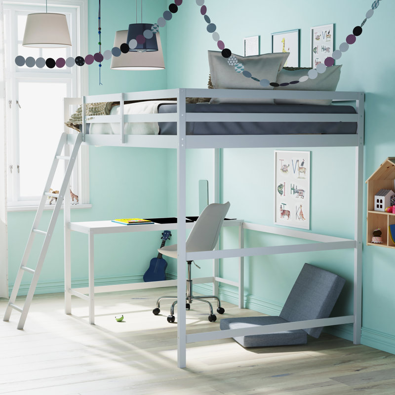Riley Traditional Wood Slat Loft Bed with Integrated Desk & Ladder, White, Full