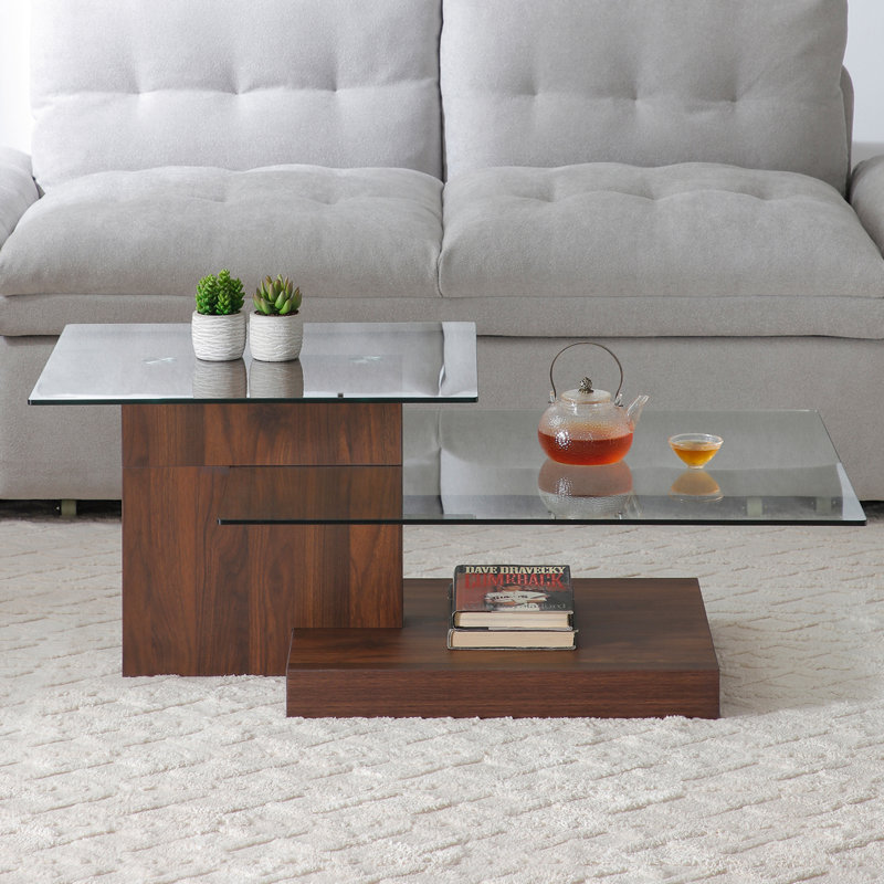 Table basse à deux niveaux avec plateau en verre 43,7 "x l 27,6" pour salon, Brun