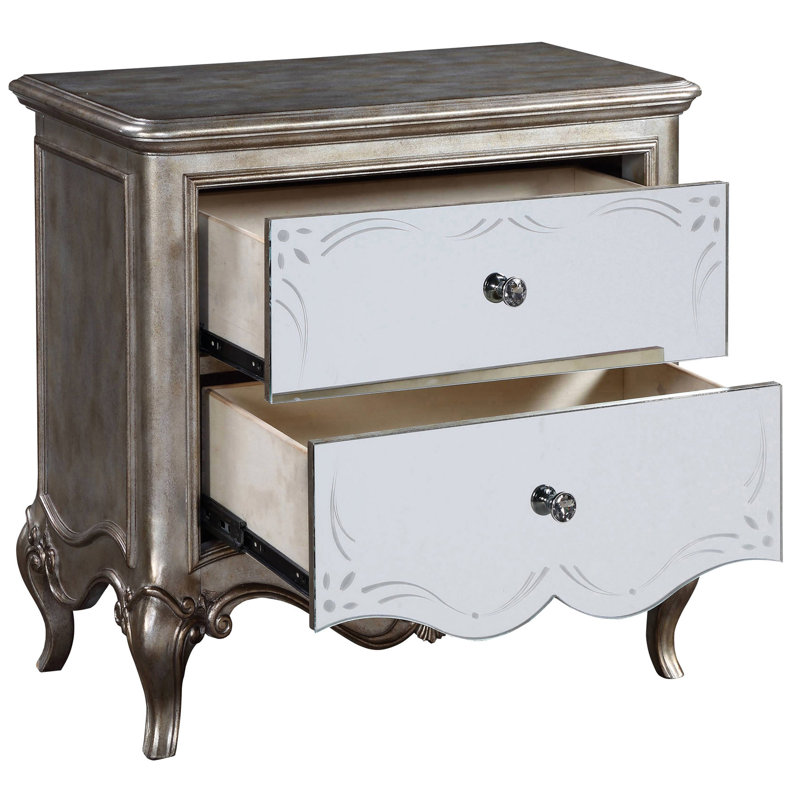 Table de chevet de chambre à coucher, finition champagne antique - 2 tiroirs, table de chevet attrayante avec miroir