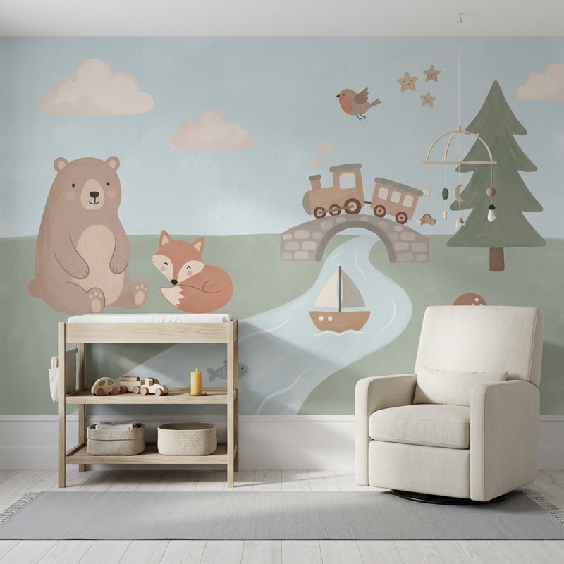 Papier peint chambre d'enfant animaux pastel, 160 po x 108 po, Peler et coller