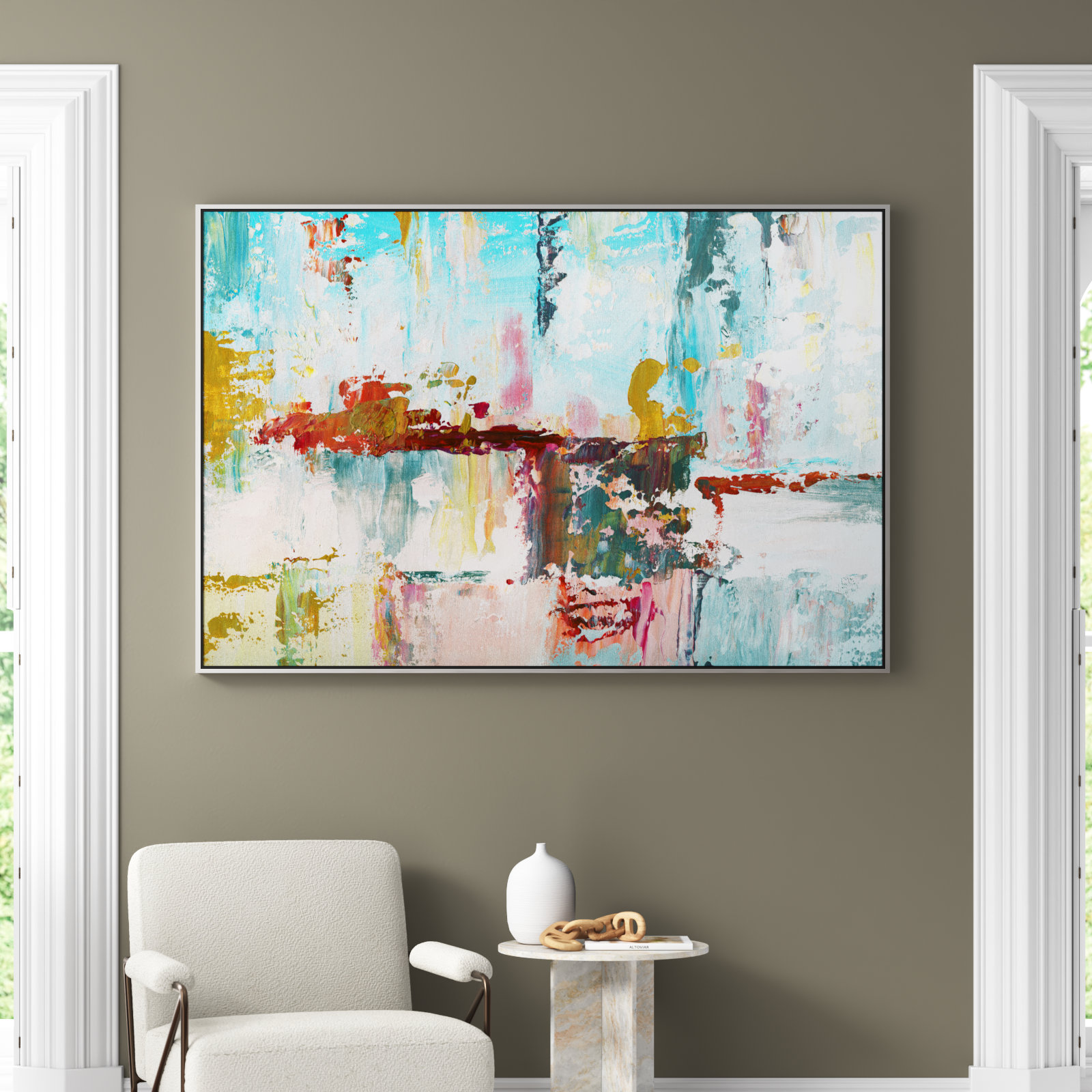 Color Block Splash by Nan - Floater Frame Print on Canvas, Silver, 41.5" H x 61.5" W x 2" D