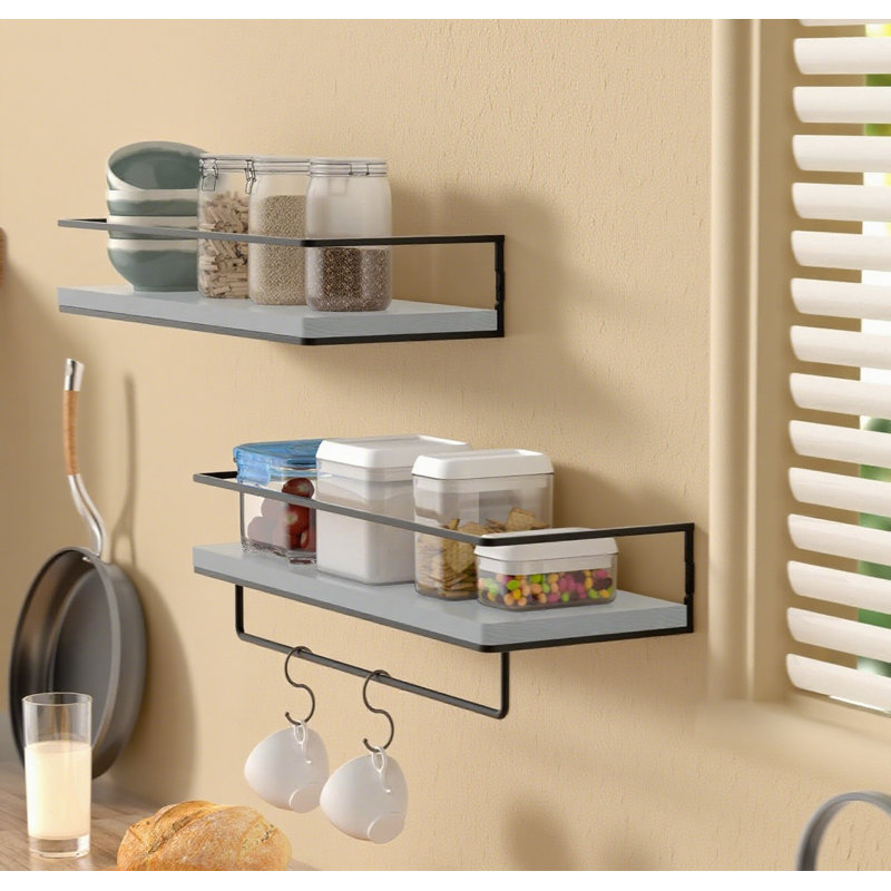 Floating Shelves Set Of 2 With Metal Frame And Towel Rack, Wall Mounted Storage Shelves For Bathroom, Bedroom, Living Room, Kitchen, Office