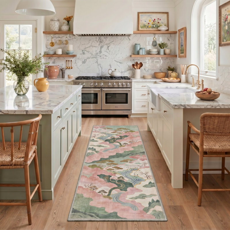 Ascentia Rustic Machine Washable Pink / Green / Beige Indoor Area Rug with Non-Slip Backing, Runner 2' x 7'