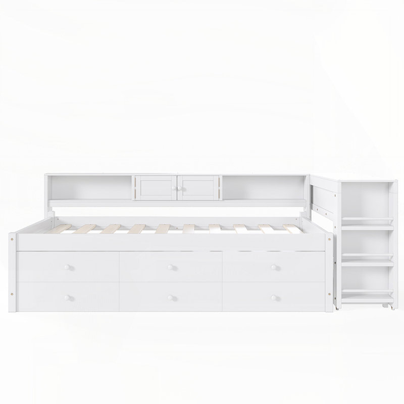 L-Shaped Daybed with Trundle, Storage Drawers, Side Shelves, and Integrated Desk for Multi-Functional Living, White, Twin