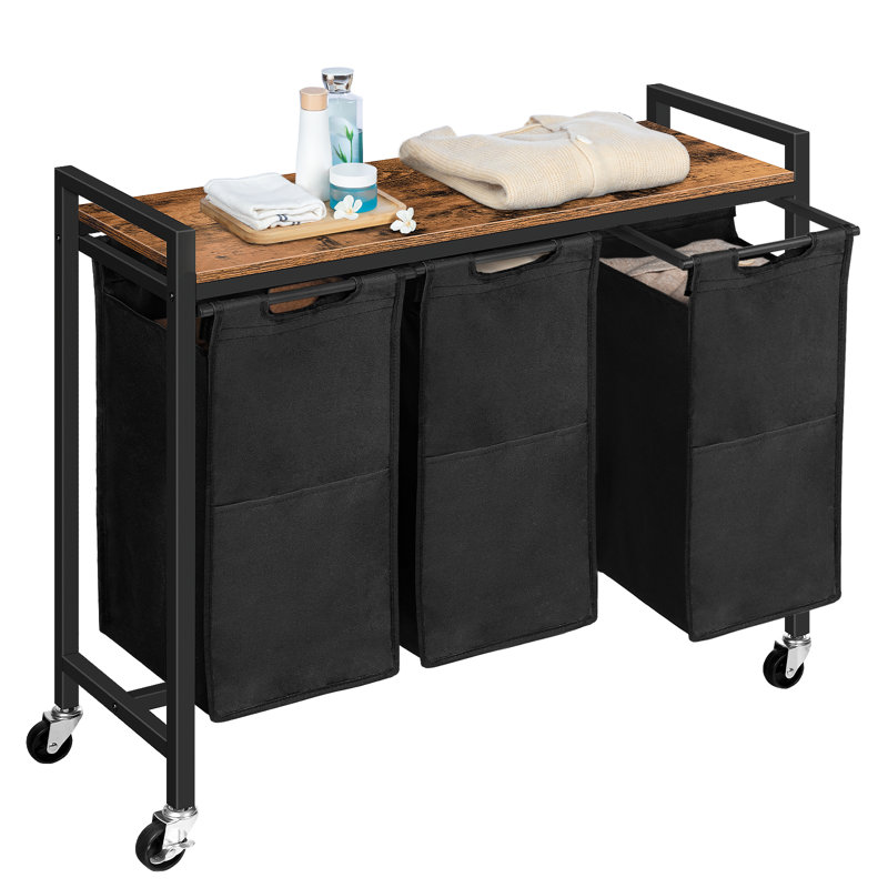 Wood Rolling Laundry Basket with Handles, Black/Rustic Brown