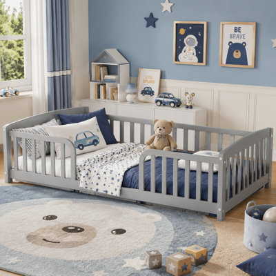 Twin Size Solid Wood Kids Floor Platform Bed for Toddler Bed Transition with Fence, No Door Included