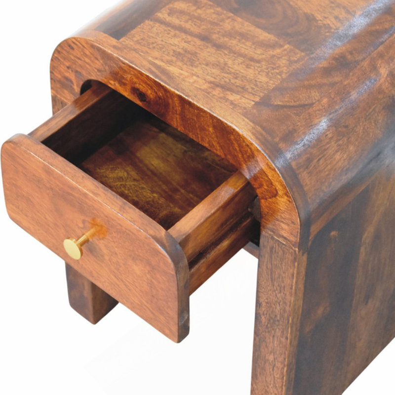 Mini table de chevet châtaignier avec bords arrondis, 1 tiroir, brun