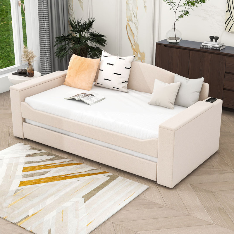 Wood Upholstered Daybed with Integrated Bluetooth Audio System, Storage Armrests and Trundle, Twin, Pink