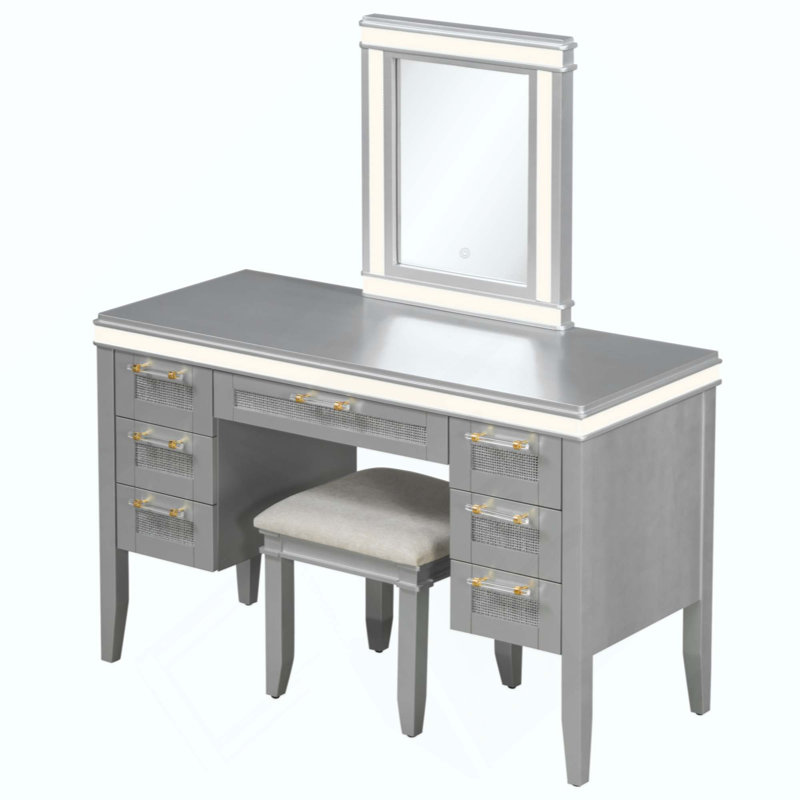 Vanity Desk with LED Lighted Mirror, Makeup Vanity with 7 Drawers & Cushioned Stool, Bamboo Weave Drawer Dressing Table with Rubber Wood Legs for Bedroom