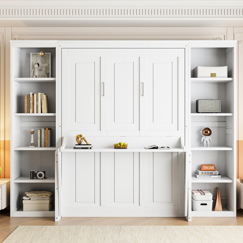 Lit double avec bureau et bibliothèque, blanc - conception optimisant l'espace et option de maximiser la bibliothèque, Full