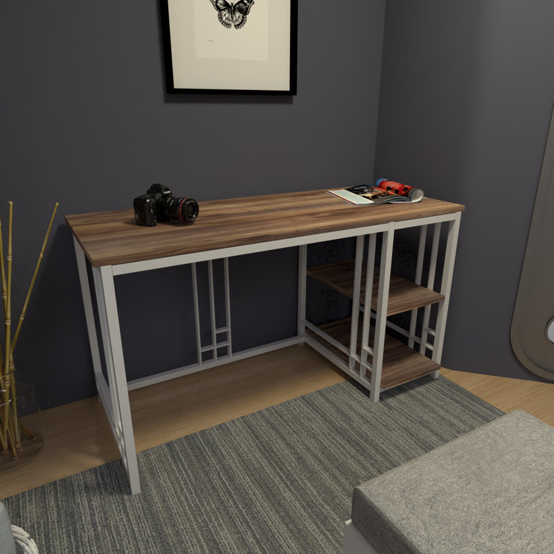 Bureau asymétrique avec structure en métal et finition noyer avec 2 tablettes