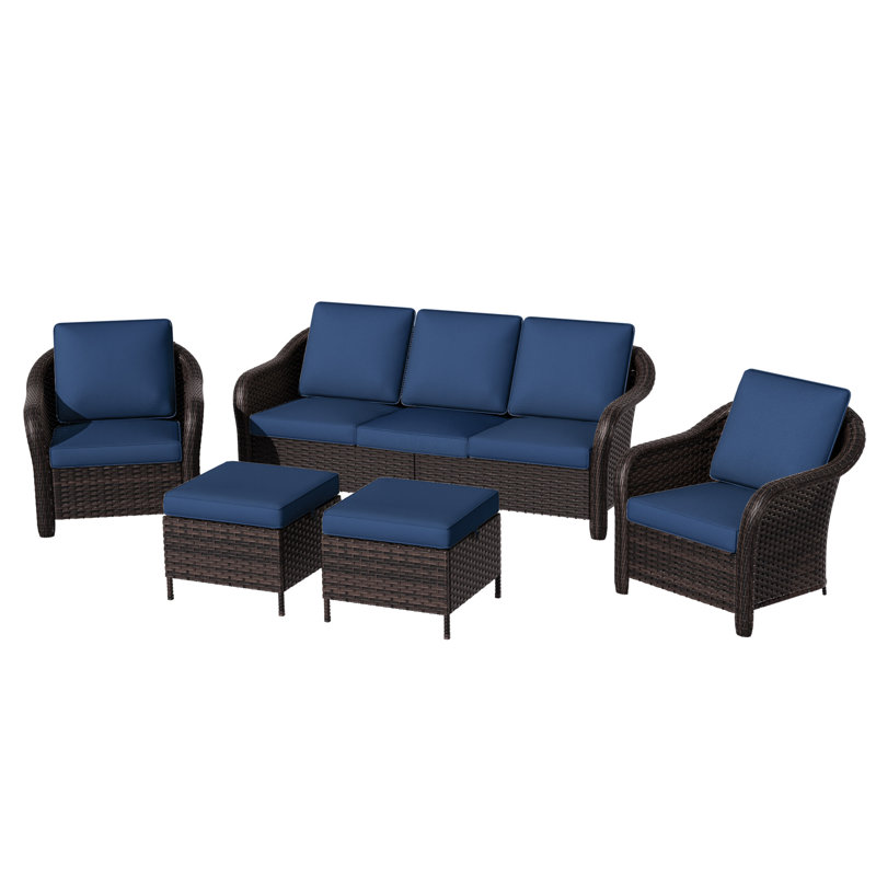 5-Person Polyethylene Wicker Outdoor Patio Set with 3-Seat Sofa, Chairs, Ottomans & Blue Cushions, Blue