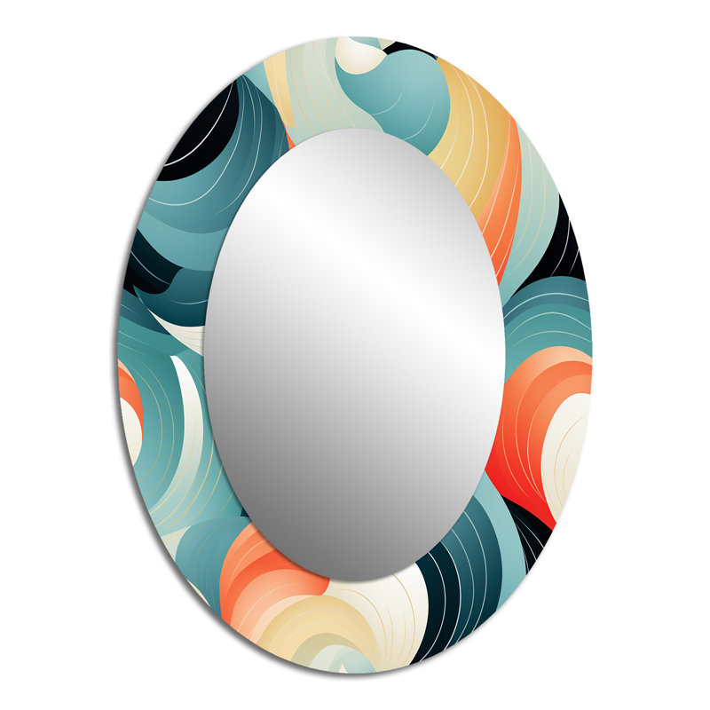 Motifs d'ondulation géométriques orange et verts - Miroir décoratif abstrait ovale sur métal, H 40 po x l 30 po