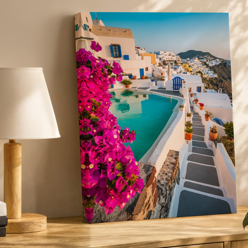 Toile, "Pittoresque scène de Santorin, Grèce", art mural sur toile turquoise, H 24 po x l 18 po