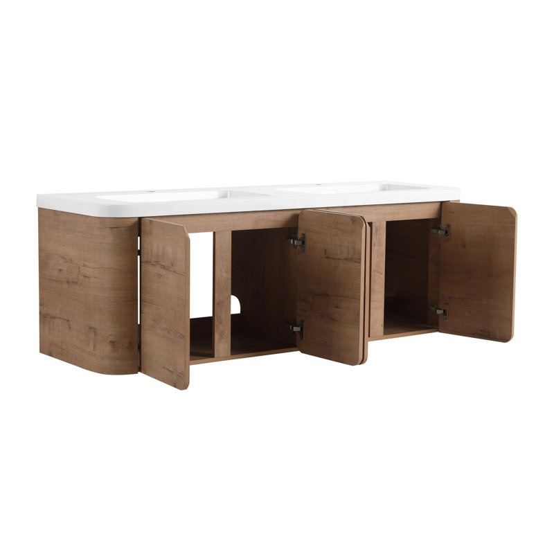 Meuble-lavabo mural peu encombrant avec finition imitation chêne et lavabo en résine