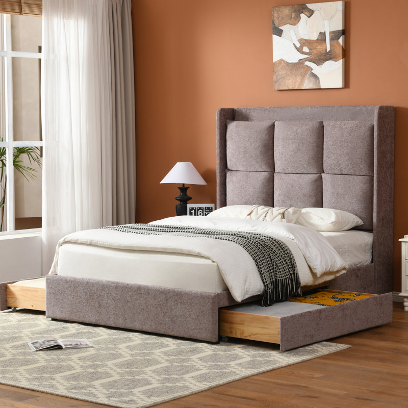Upholstered Wingback Bed with 2 Large Under-Bed Drawers, Queen, Mauve