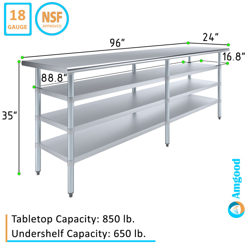 24 po X 96 po Table en acier inoxydable avec trois tablettes inférieures