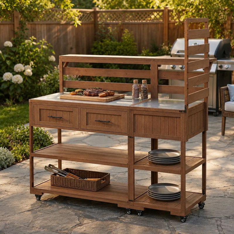 Îlot de cuisine extérieur 62 po avec plateau en acier inoxydable, table de préparation pour barbecue avec 2 tiroirs et tablette de rangement, brun