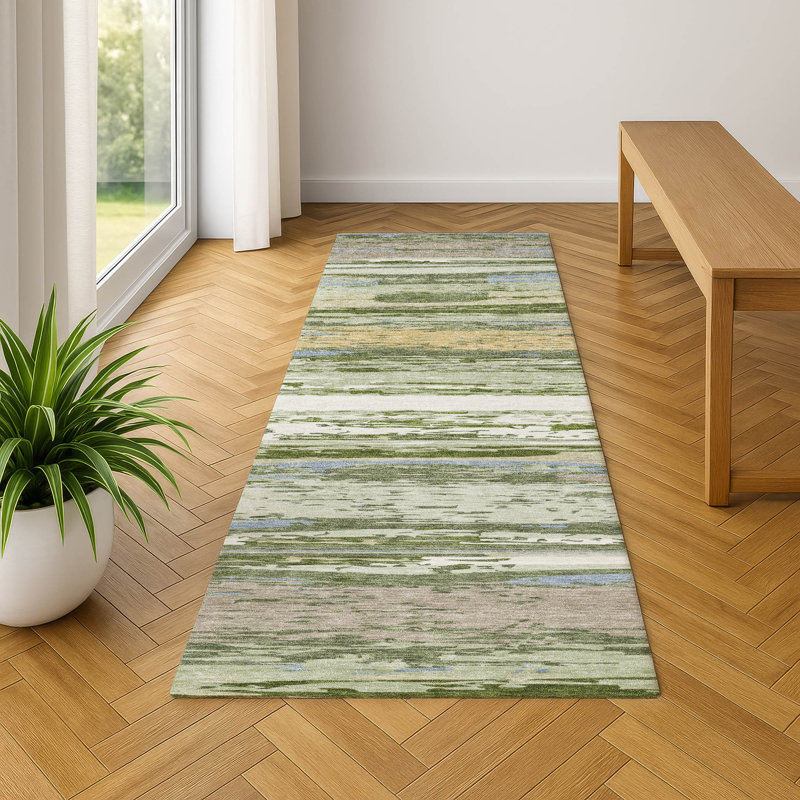 Premium Machine Washable Mayfield AMF2287 Striped Rug, 2'3" x 7'6" Runner, Aloe