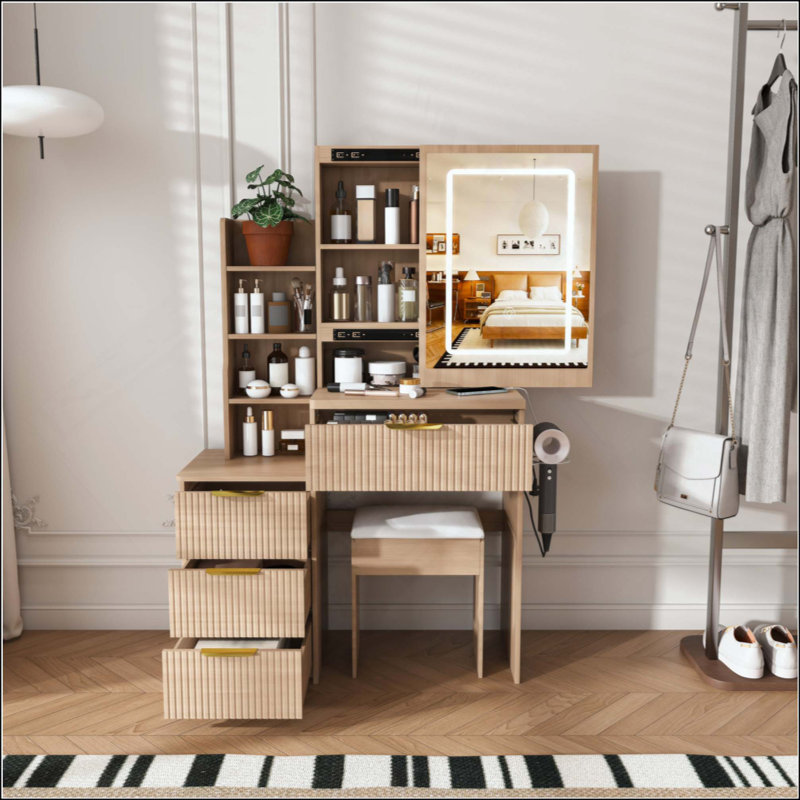 Modern Vanity Desk with LED Lighting & Charging Station, 4 Drawers & Open Storage Shelves, Hair Dryer Holder & Matching Dressing Chair