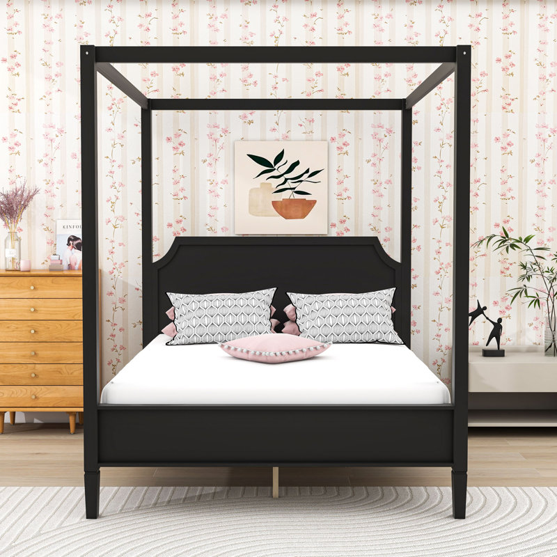 Wood Canopy Platform Bed with Headboard, Black, Queen