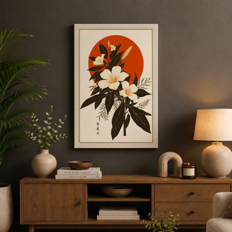 Moonlit Cherry Blossom Japandi - Wrapped Canvas, 36x24 - 91.4 x 61.0 cm, Ochre Border