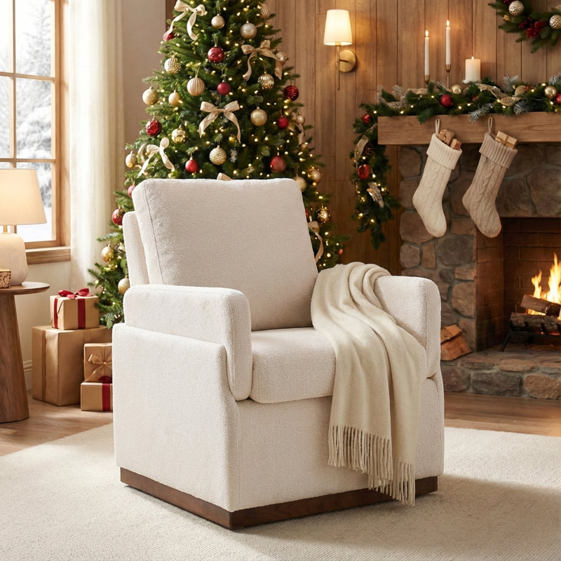Boucle  Upholstered Accent Chair Full Back Armchair With Solid Wood Base, White