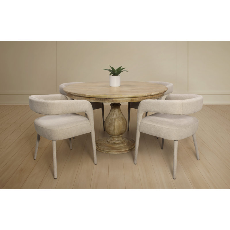 Jenna 48" Round Dining Set With 4 Galway Chairs In Modern Linen Fabric, Ivory