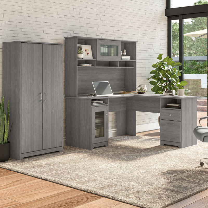 Ensemble de bureau d'ordinateur en L 3 pièces avec rehausse Katia, Gris moderne
