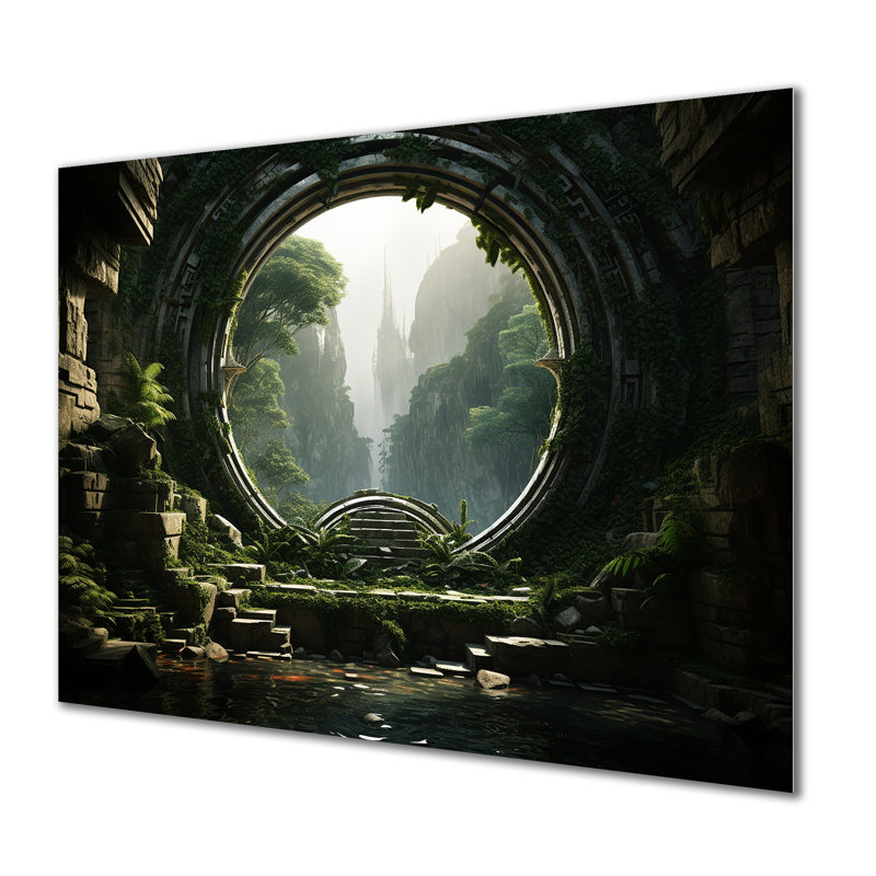 Portail surréaliste galaxie paysage VI - surréalisme, art mural en métal, H 16 po x l 32 po x P 1 po