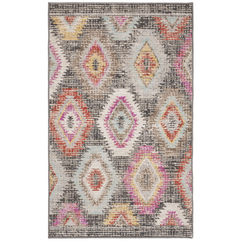 Leto Hooked Grey/Rose Indoor/Outdoor Rug, Rectangle 91 x 152 cm