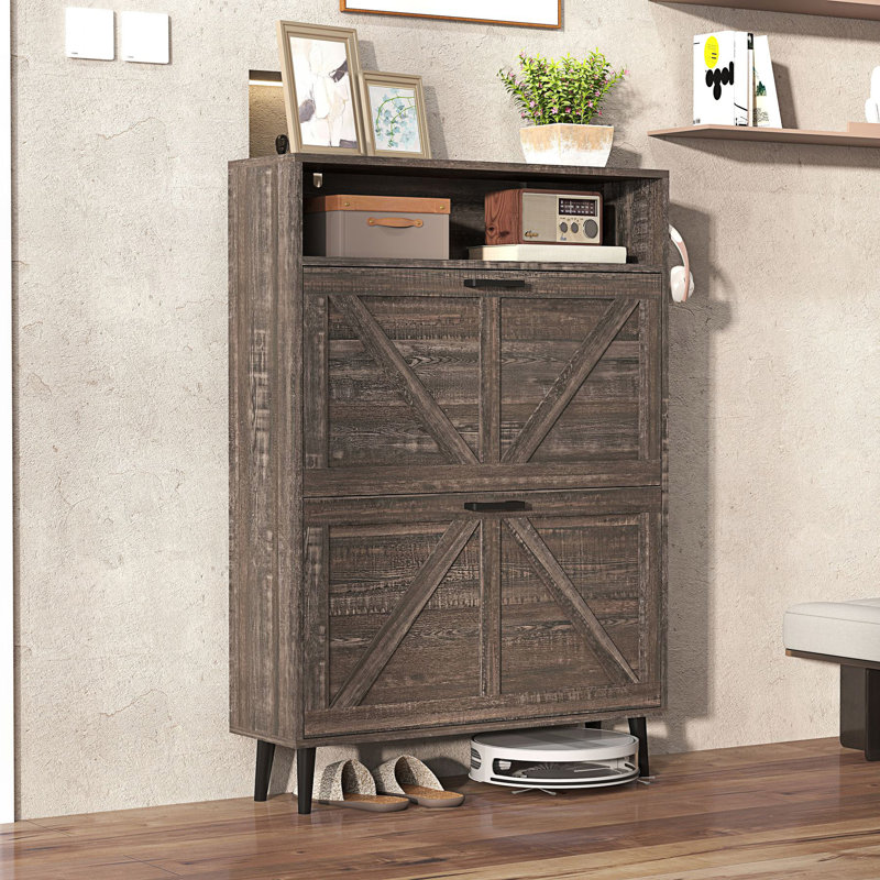 Armoire décorative, armoire de rangement pour chaussures de ferme avec porte de grange, range-chaussures avec 2 tiroirs rabattables