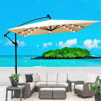 Parasol de terrasse rectangulaire à énergie solaire à DEL avec éclairage à DEL 6 lumières avec manivelle et base en croix pour terrasse de jardin Abri de piscine extérieur