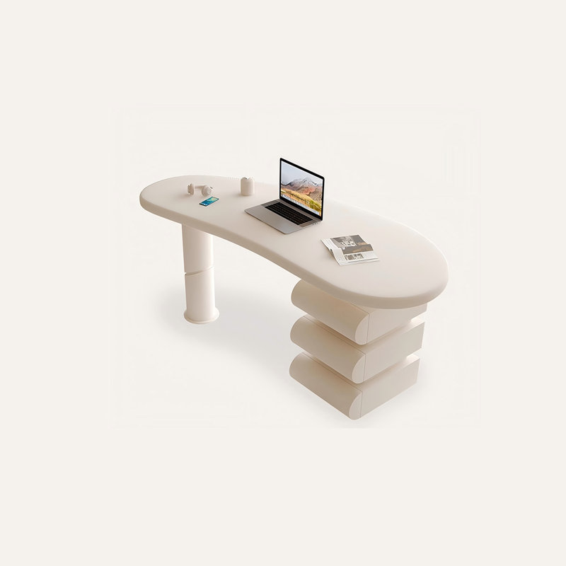 Bureau d'écriture en bois courbé blanc crème, 3 tiroirs, H 29,53 po x l 55,12 po x P 27,56 po
